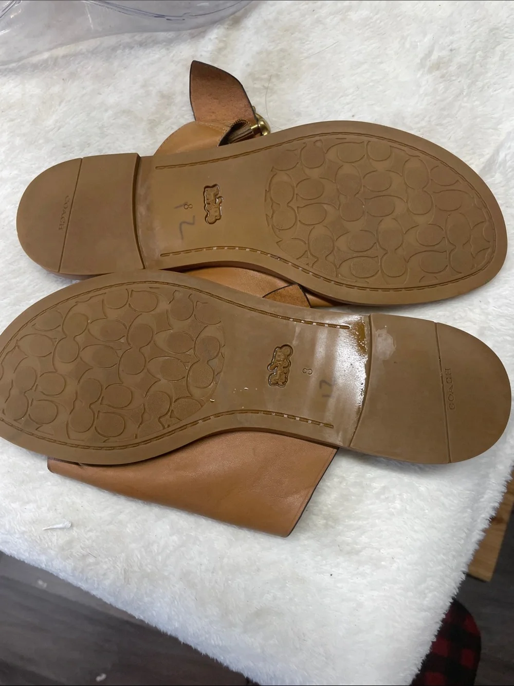 Coach Tan Leather Slide Sandals with Brass Ring Buckle